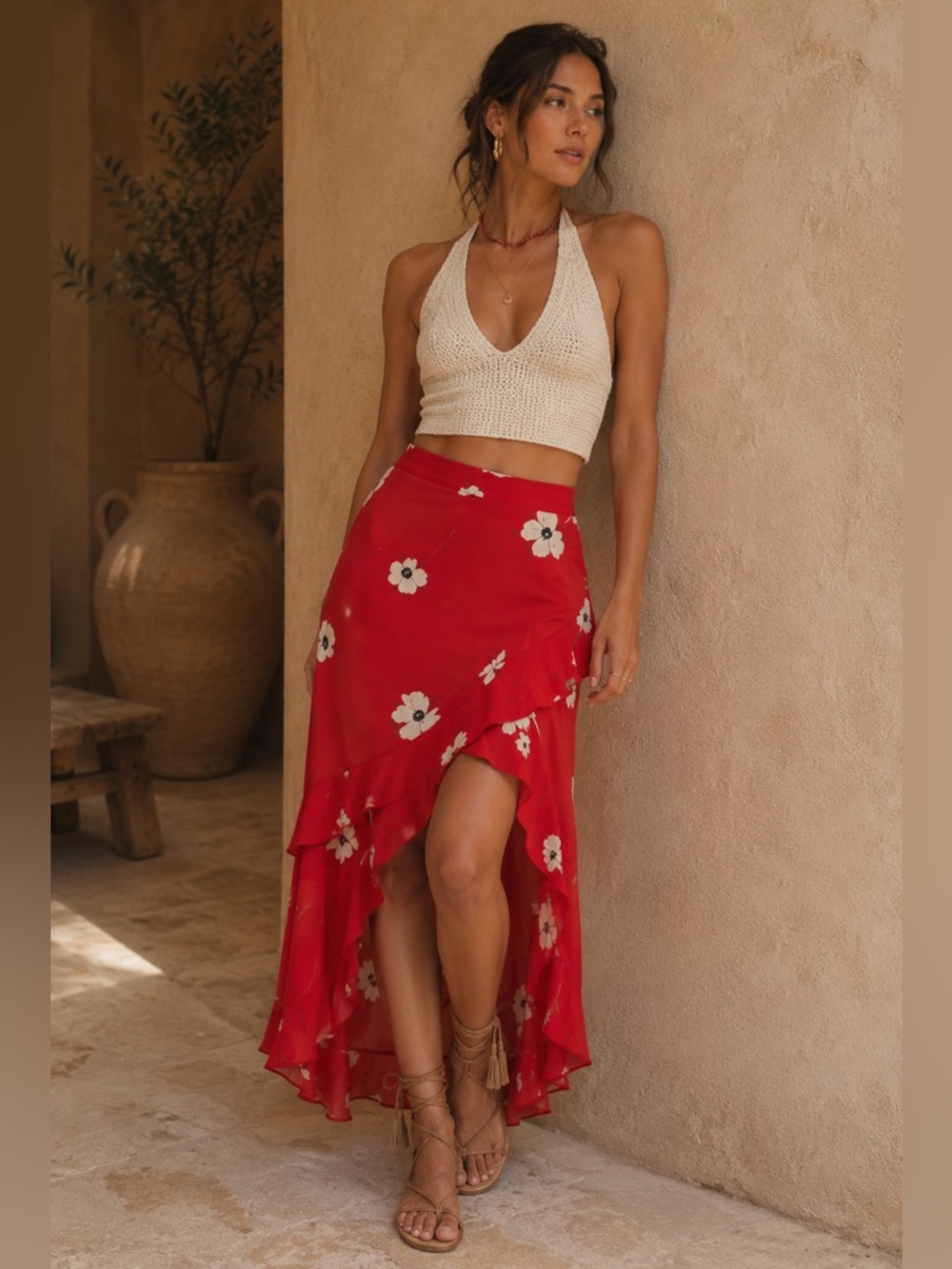 Bardot Red Floral Asymmetrical Ruffle Wrap Skirt Women’s Size 6